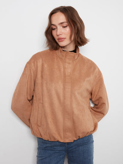 Faux Suede Bomber Jacket - Latte