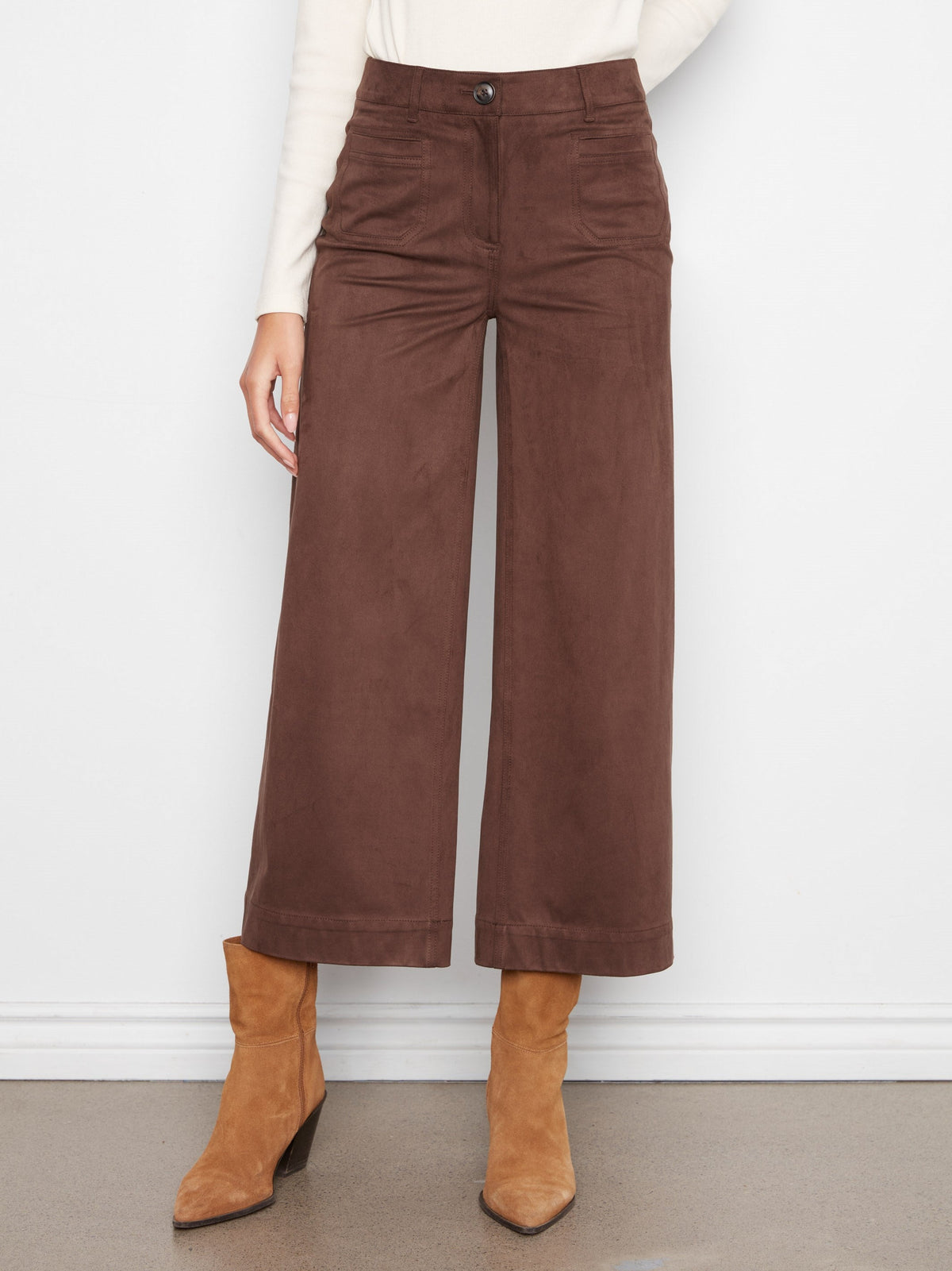 Faux Suede Cropped Wide Leg Pants - Coffee