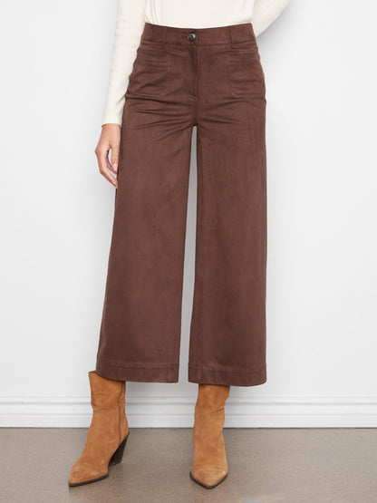 Faux Suede Cropped Wide Leg Pants - Coffee
