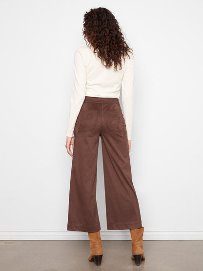 Faux Suede Cropped Wide Leg Pants - Coffee