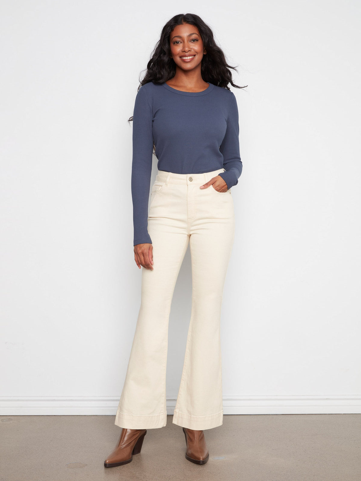 Flare Leg Stretch Twill Pants - Natural