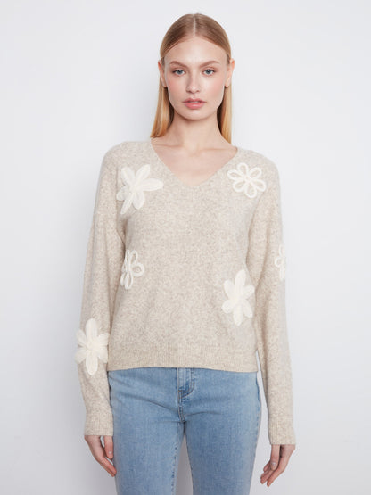 Floral Appliqué V-Neck Sweater - Heather Almond
