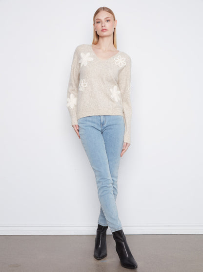 Floral Appliqué V-Neck Sweater - Heather Almond