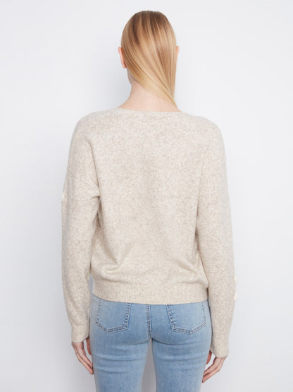 Floral Appliqué V-Neck Sweater - Heather Almond