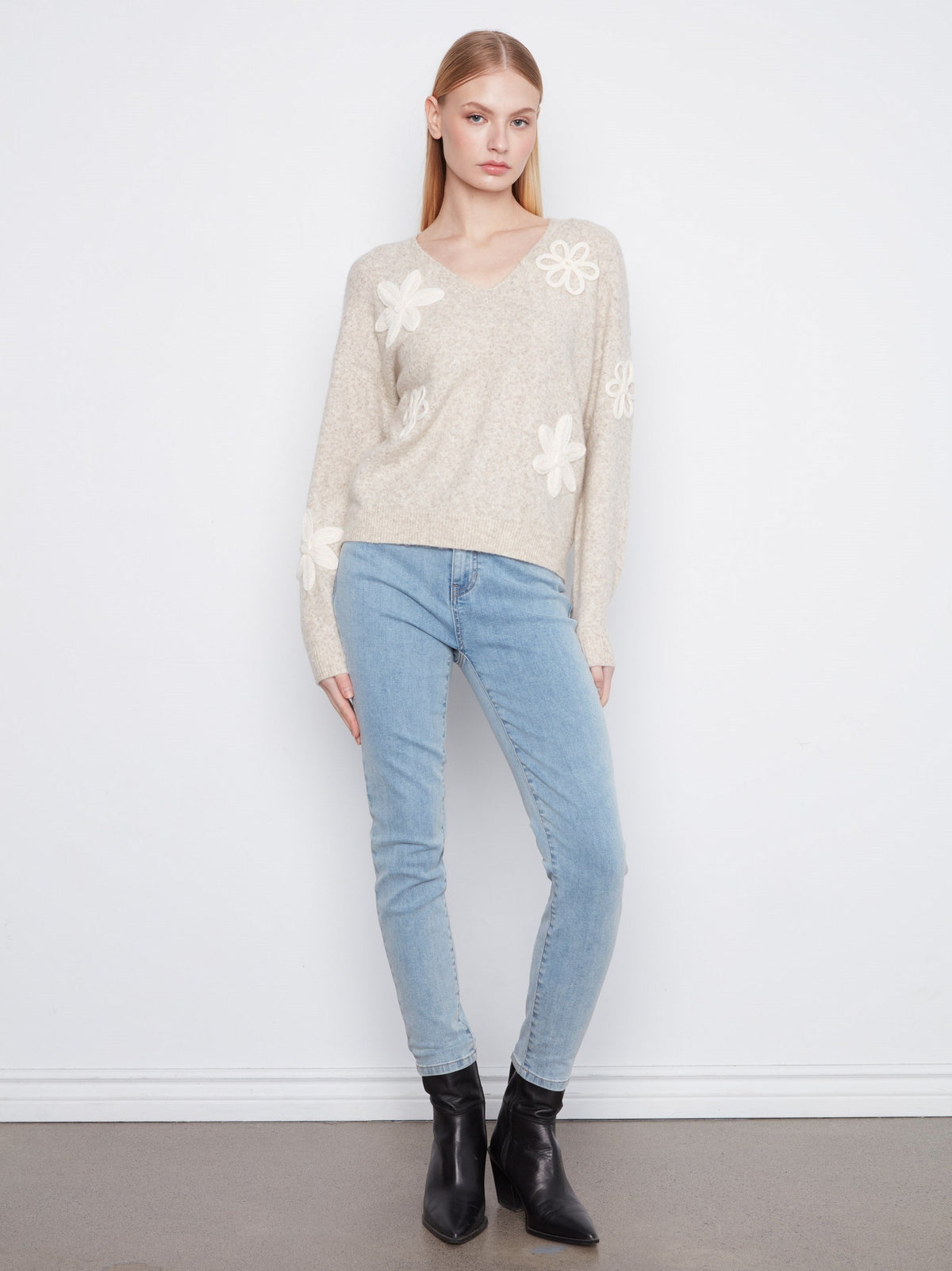 Floral Appliqué V-Neck Sweater - Heather Almond