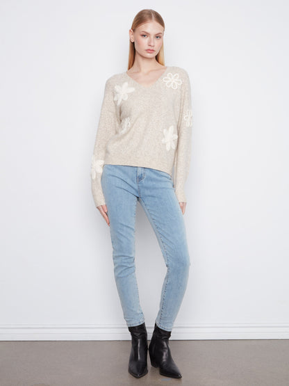 Floral Appliqué V-Neck Sweater - Heather Almond