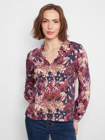 Floral Print Button-Front Blouse - Passion
