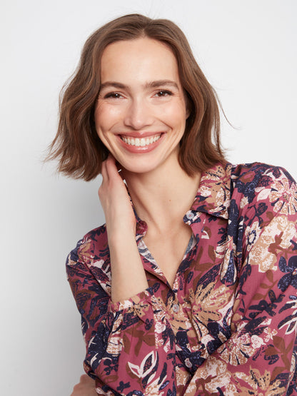 Floral Print Button-Front Blouse - Passion