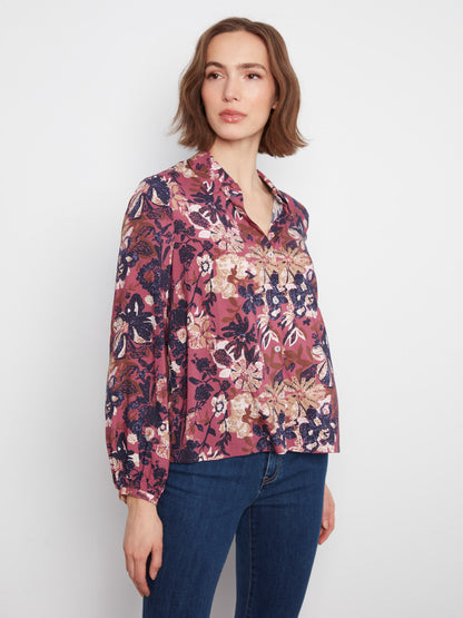 Floral Print Button-Front Blouse - Passion
