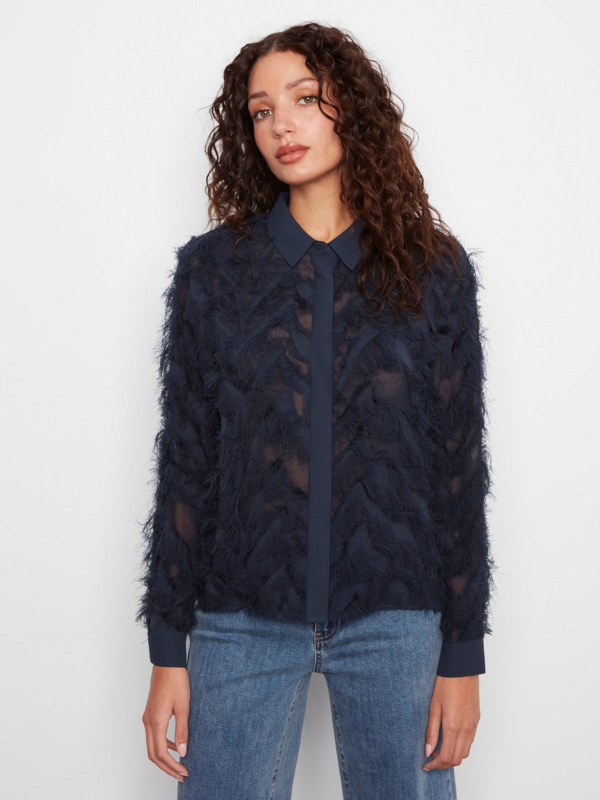 Fringe Chiffon Button-Front Blouse - Navy