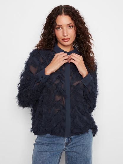 Fringe Chiffon Button-Front Blouse - Navy