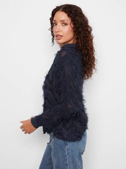 Fringe Chiffon Button-Front Blouse - Navy