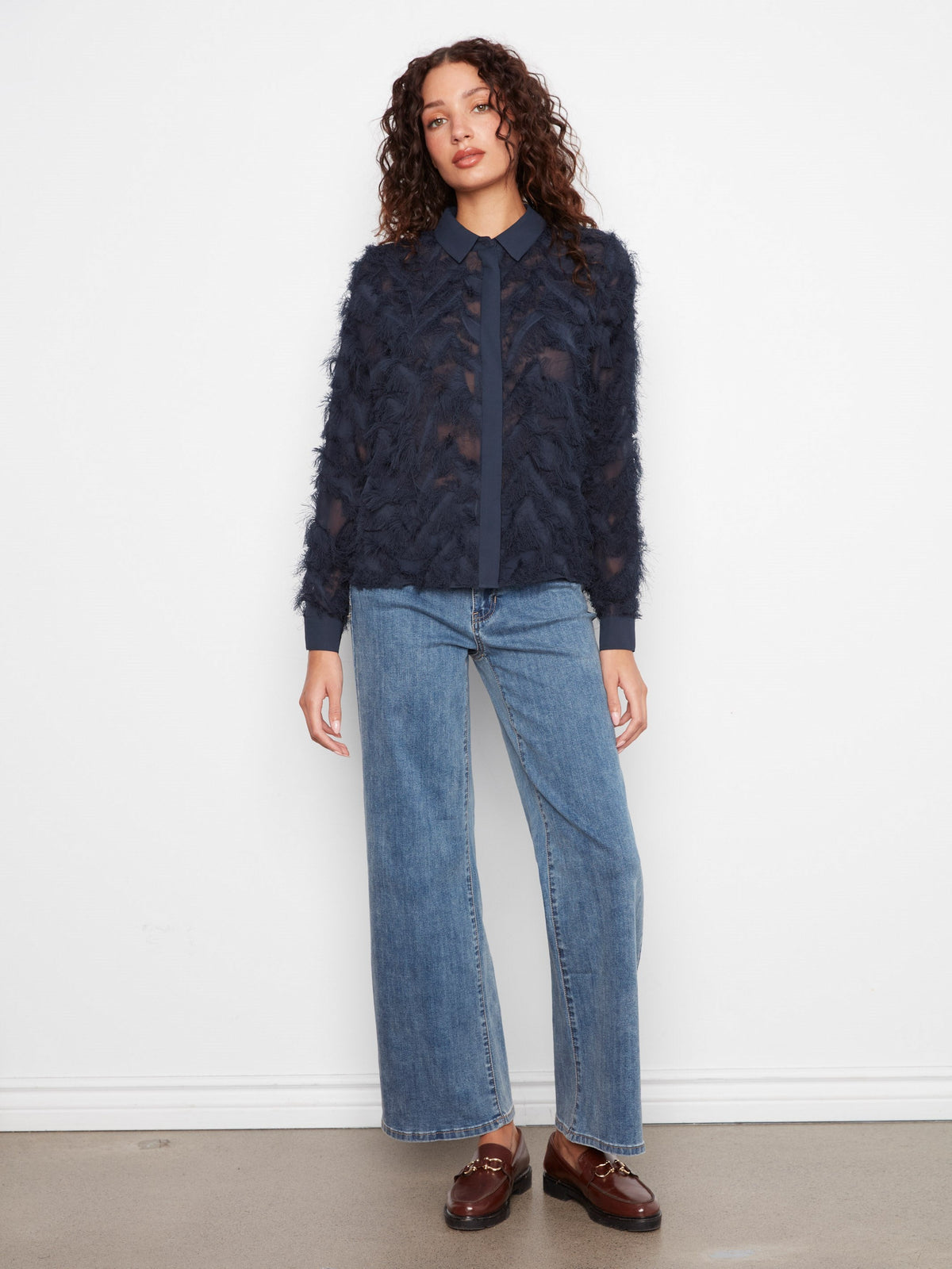 Fringe Chiffon Button-Front Blouse - Navy