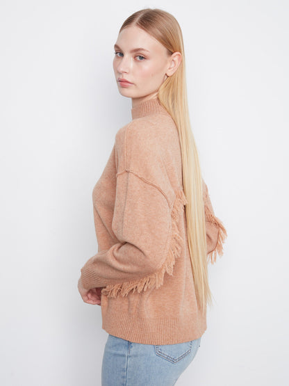 Fringe Detail Mock Neck Sweater - Heather Truffle