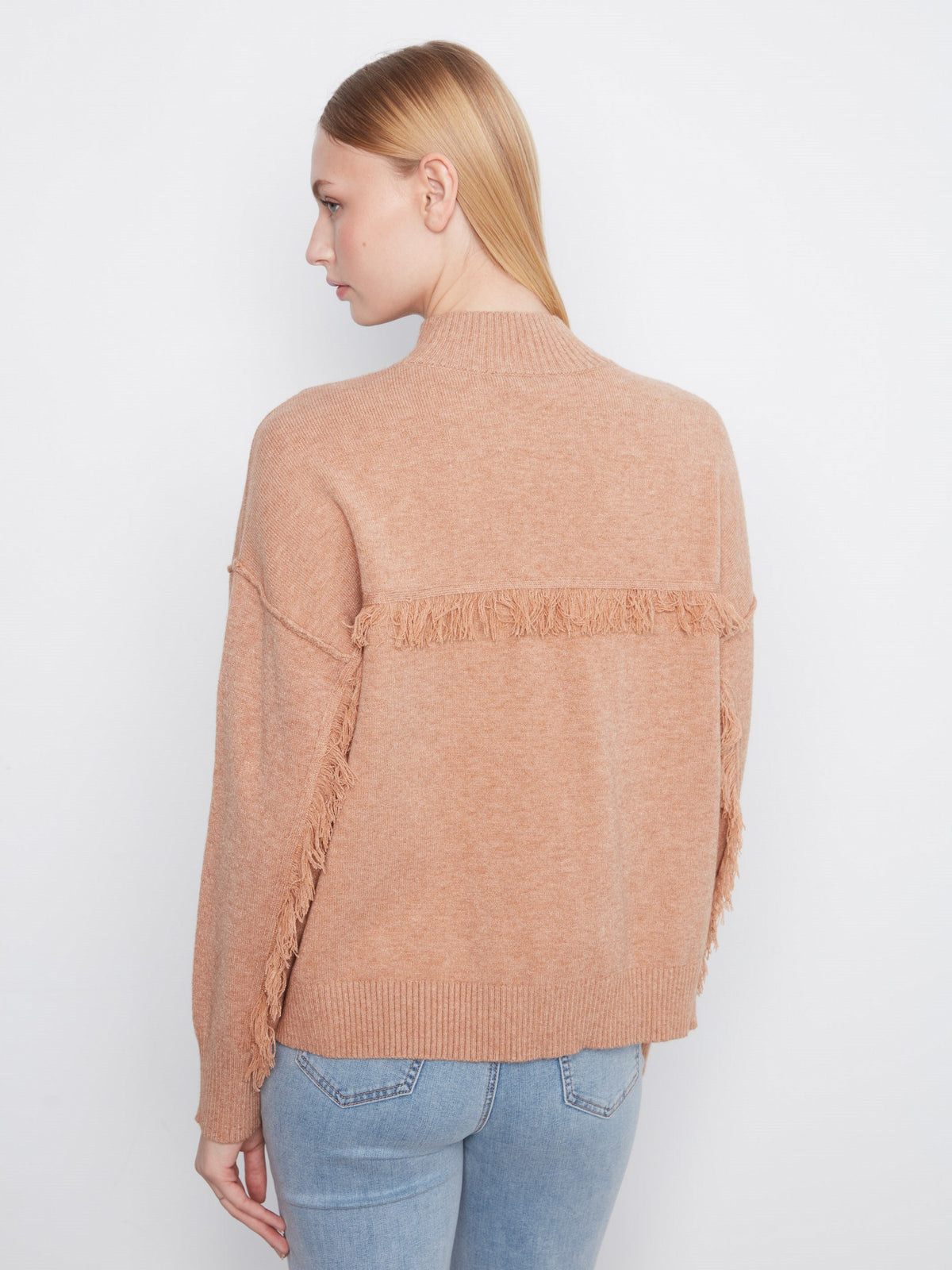 Fringe Detail Mock Neck Sweater - Heather Truffle
