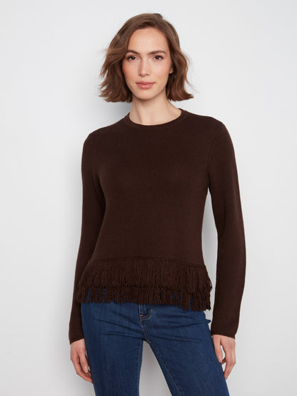 Fringe Hem Crew Neck Sweater - Coffee