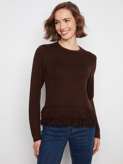 Fringe Hem Crew Neck Sweater - Coffee