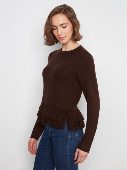 Fringe Hem Crew Neck Sweater - Coffee