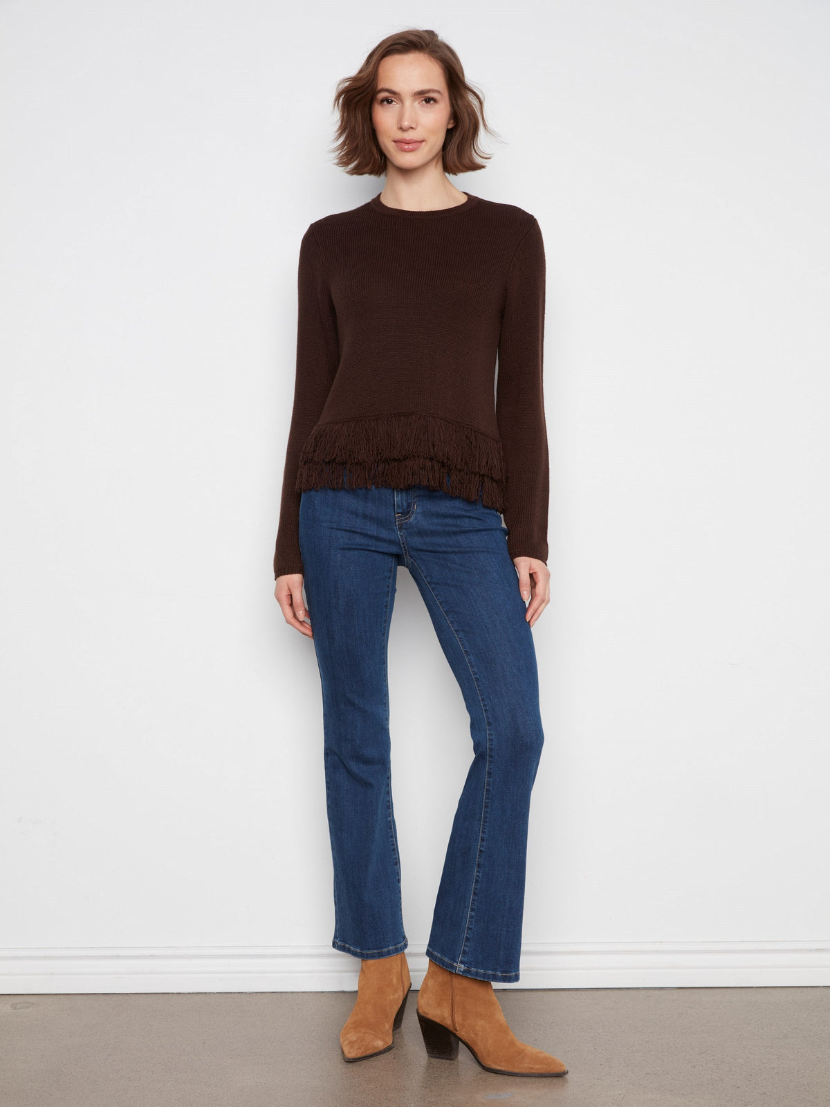 Fringe Hem Crew Neck Sweater - Coffee