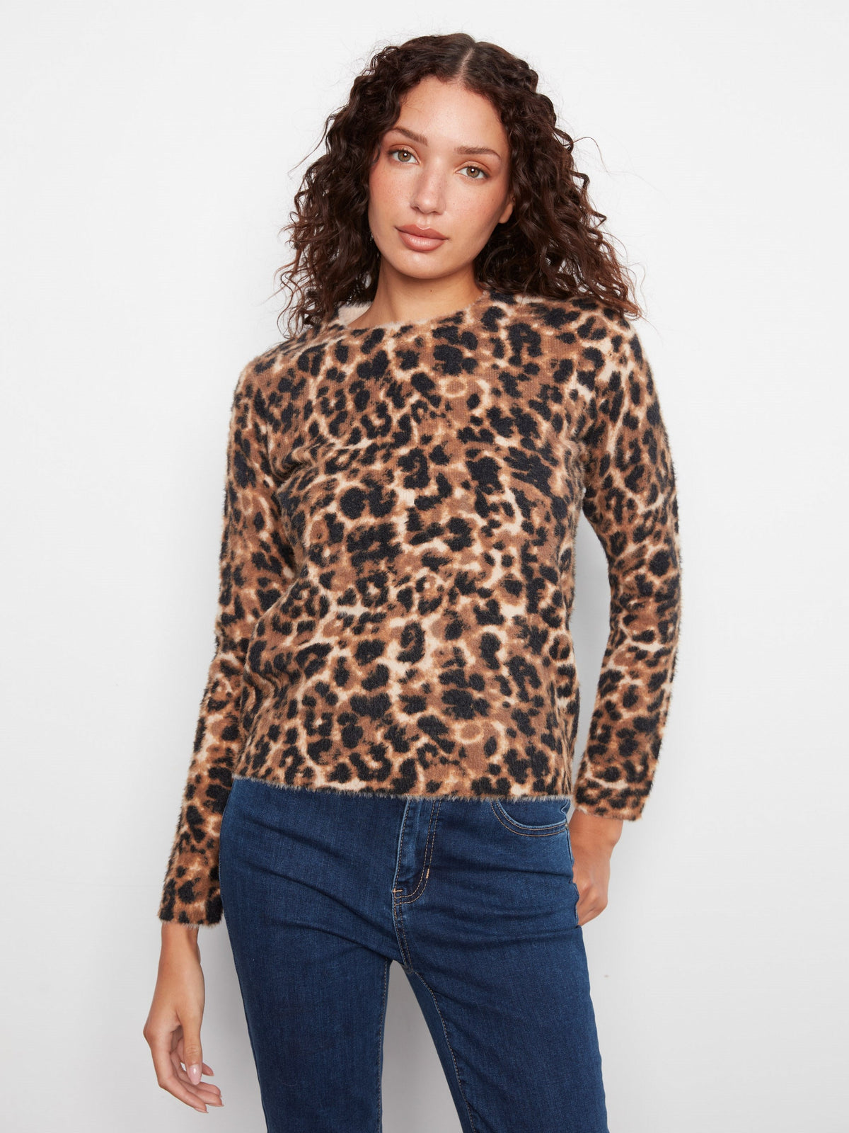 Hairy Knit Crew Neck Sweater - Cheetah