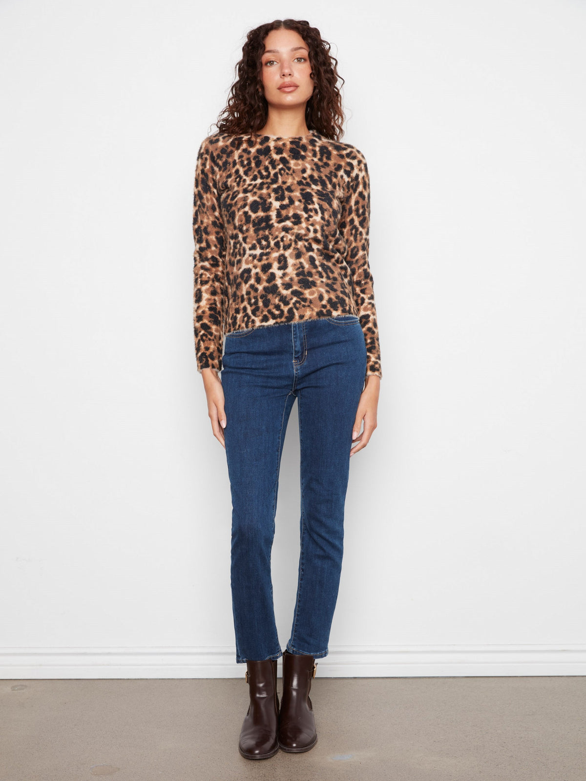 Hairy Knit Crew Neck Sweater - Cheetah