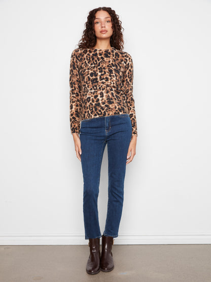 Hairy Knit Crew Neck Sweater - Cheetah