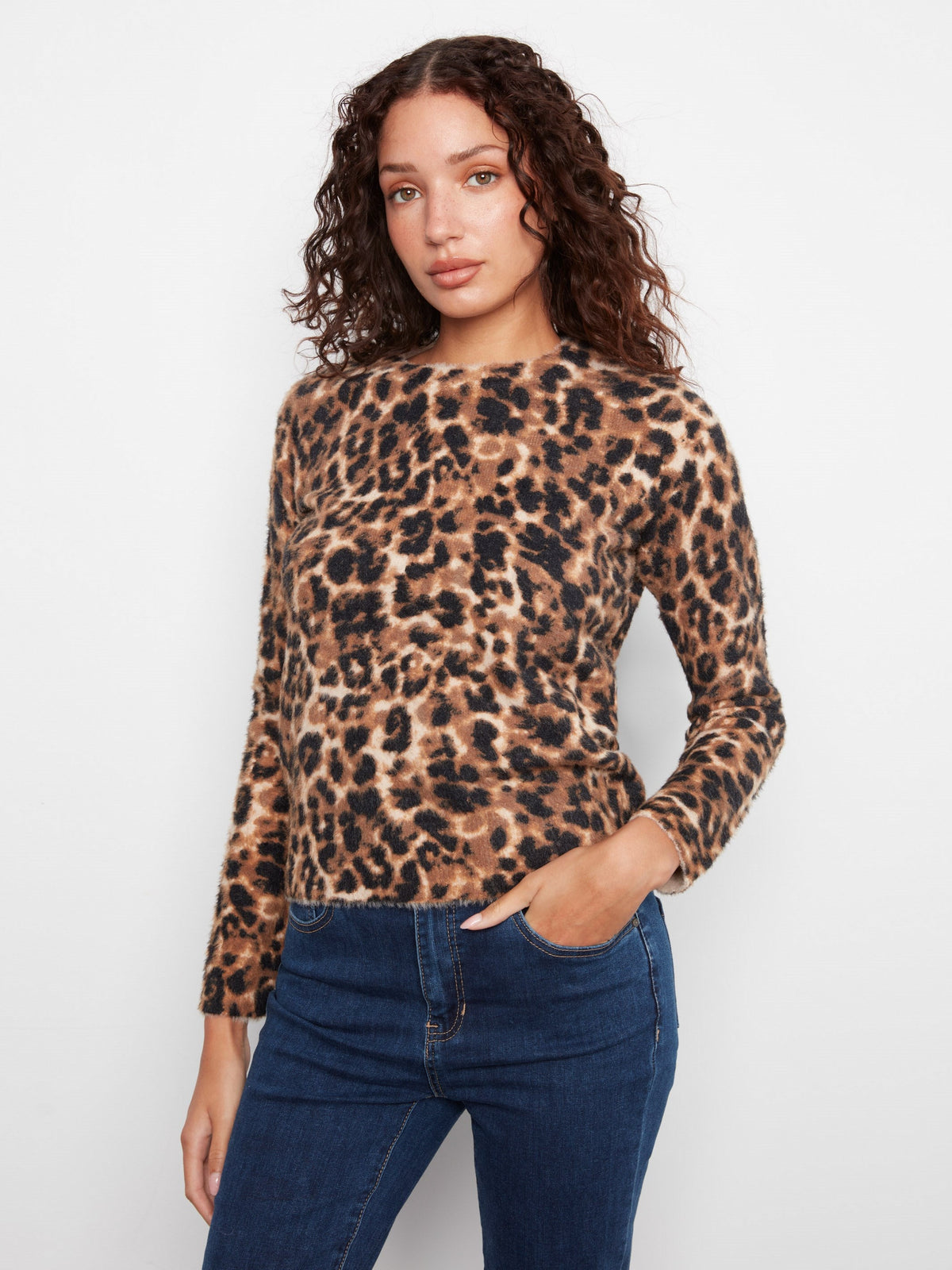 Hairy Knit Crew Neck Sweater - Cheetah