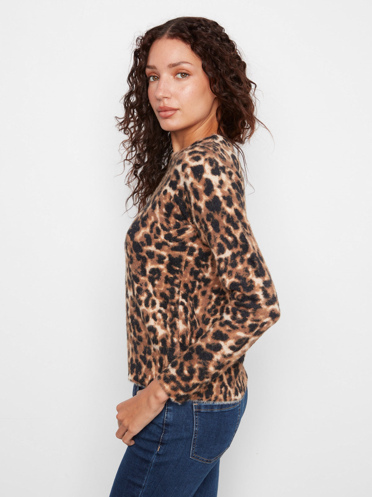 Hairy Knit Crew Neck Sweater - Cheetah