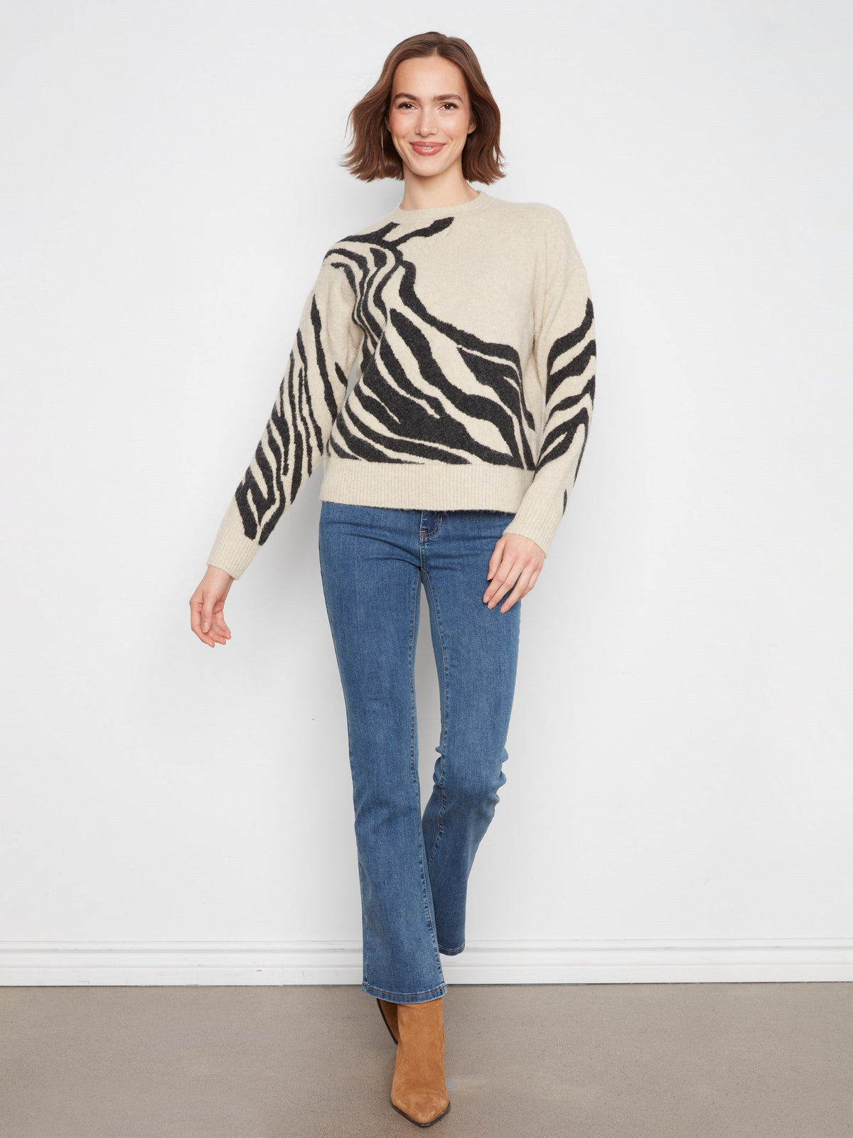 Jacquard Crew Neck Sweater - Zebra