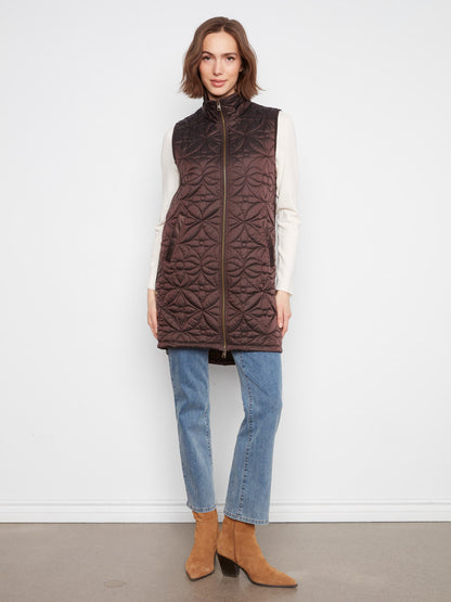 Long Hooded Puffer Vest - Mocha