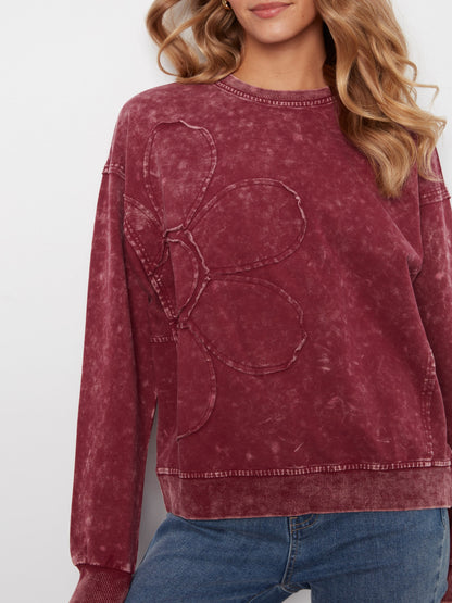Long Sleeve Top With Flower Appliqué - Merlot