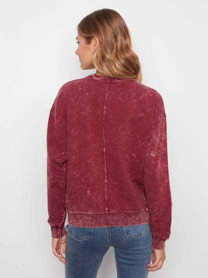 Long Sleeve Top With Flower Appliqué - Merlot