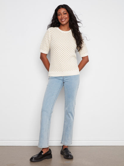 Metallic Honeycomb Short Sleeve Sweater - Ecru