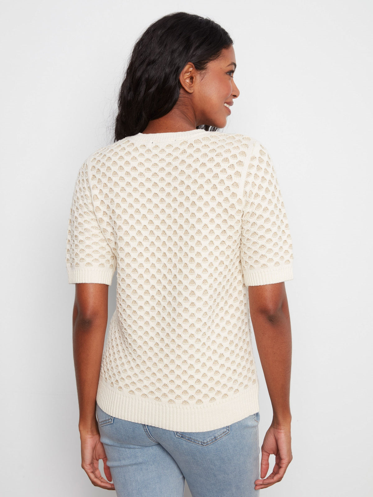 Metallic Honeycomb Short Sleeve Sweater - Ecru