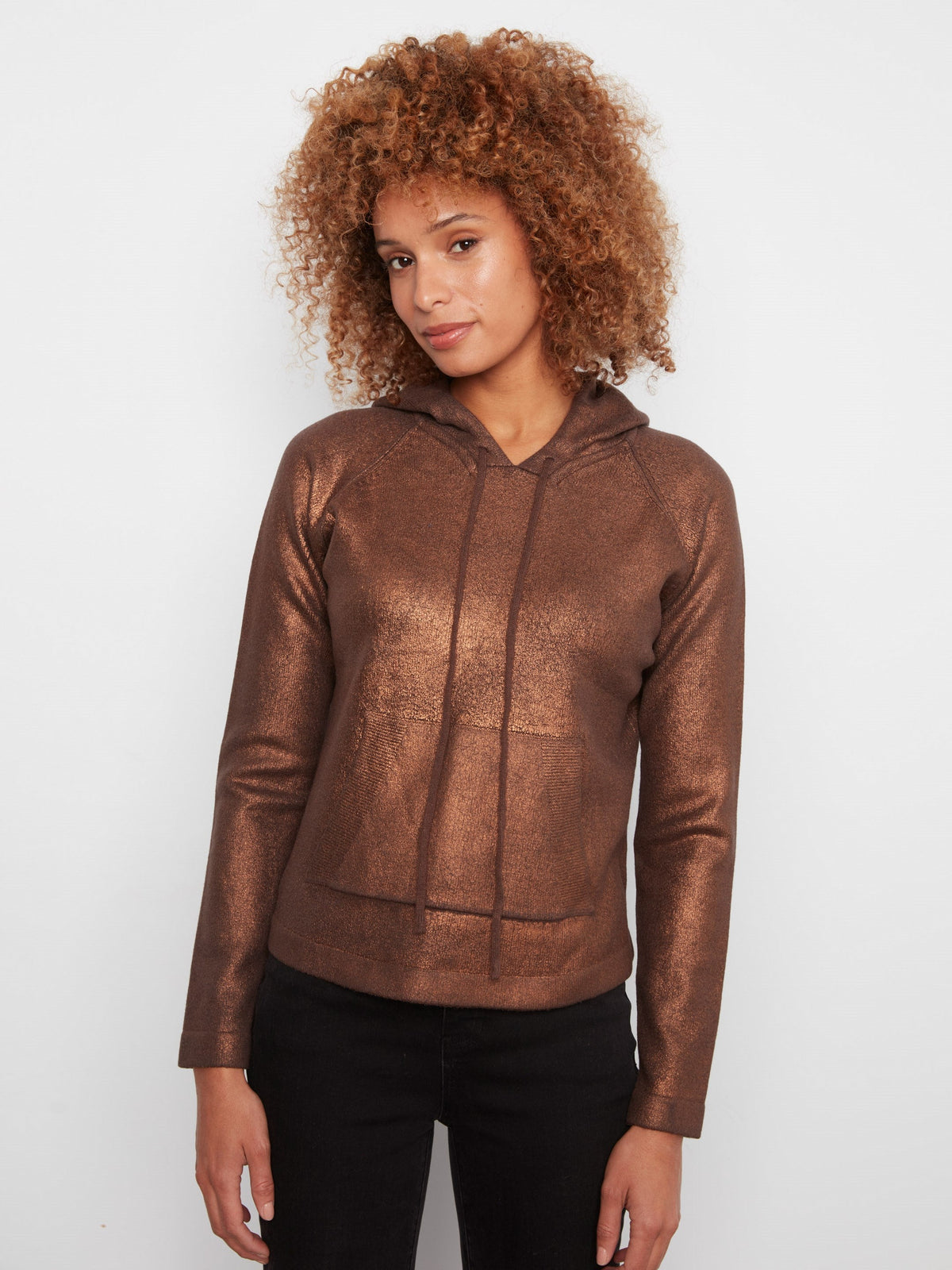 Metallic Knit Hoodie Sweater - Copper
