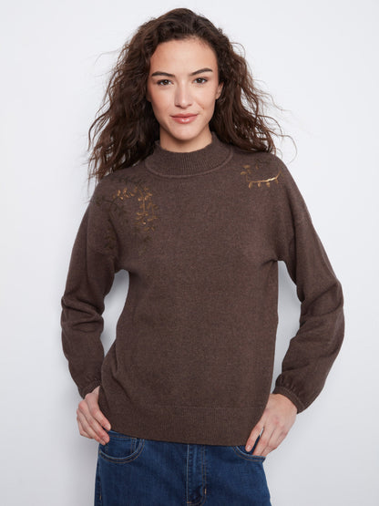 Mock Neck Sweater With Sequin Embroidery - Heather Coffee