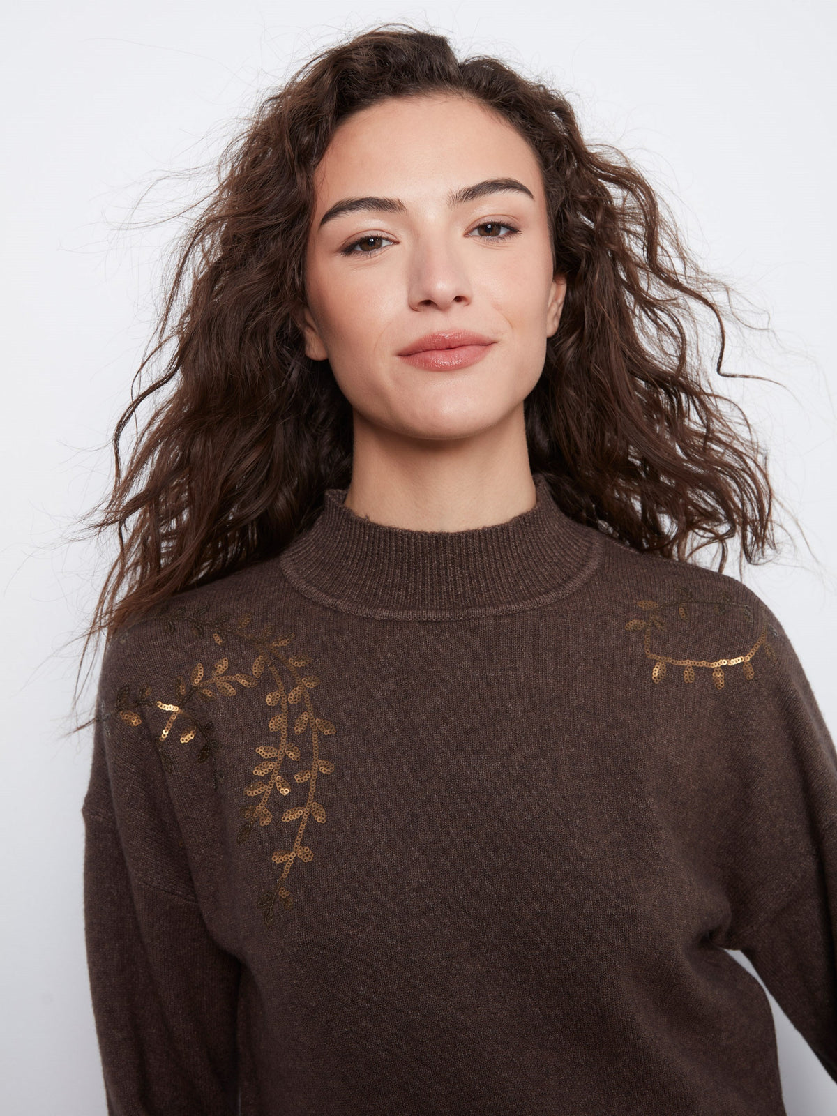 Mock Neck Sweater With Sequin Embroidery - Heather Coffee