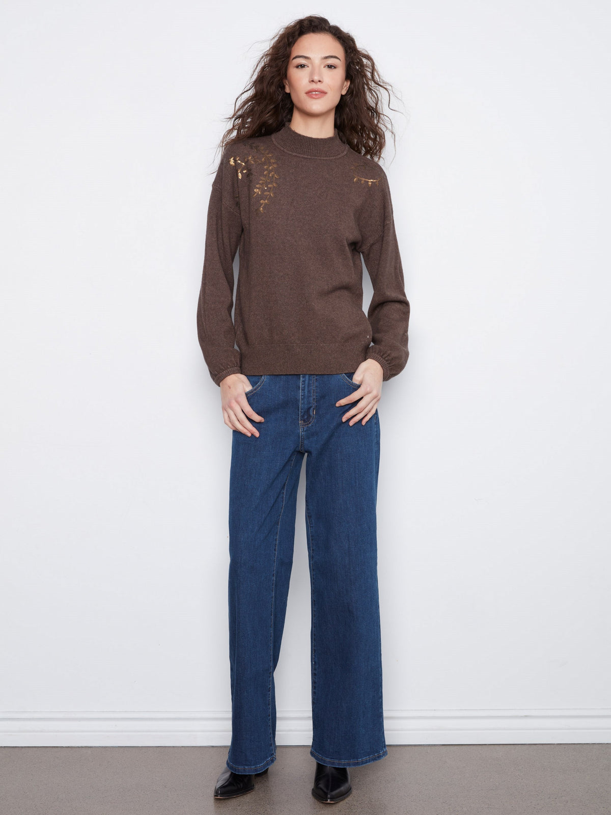 Mock Neck Sweater With Sequin Embroidery - Heather Coffee