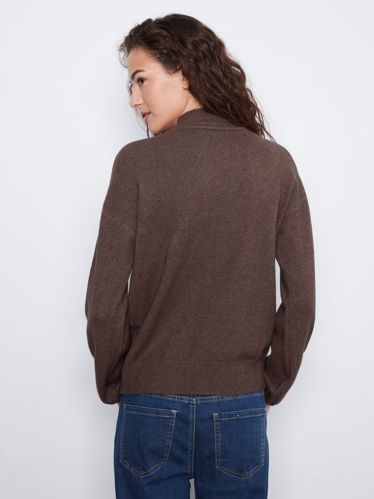 Mock Neck Sweater With Sequin Embroidery - Heather Coffee