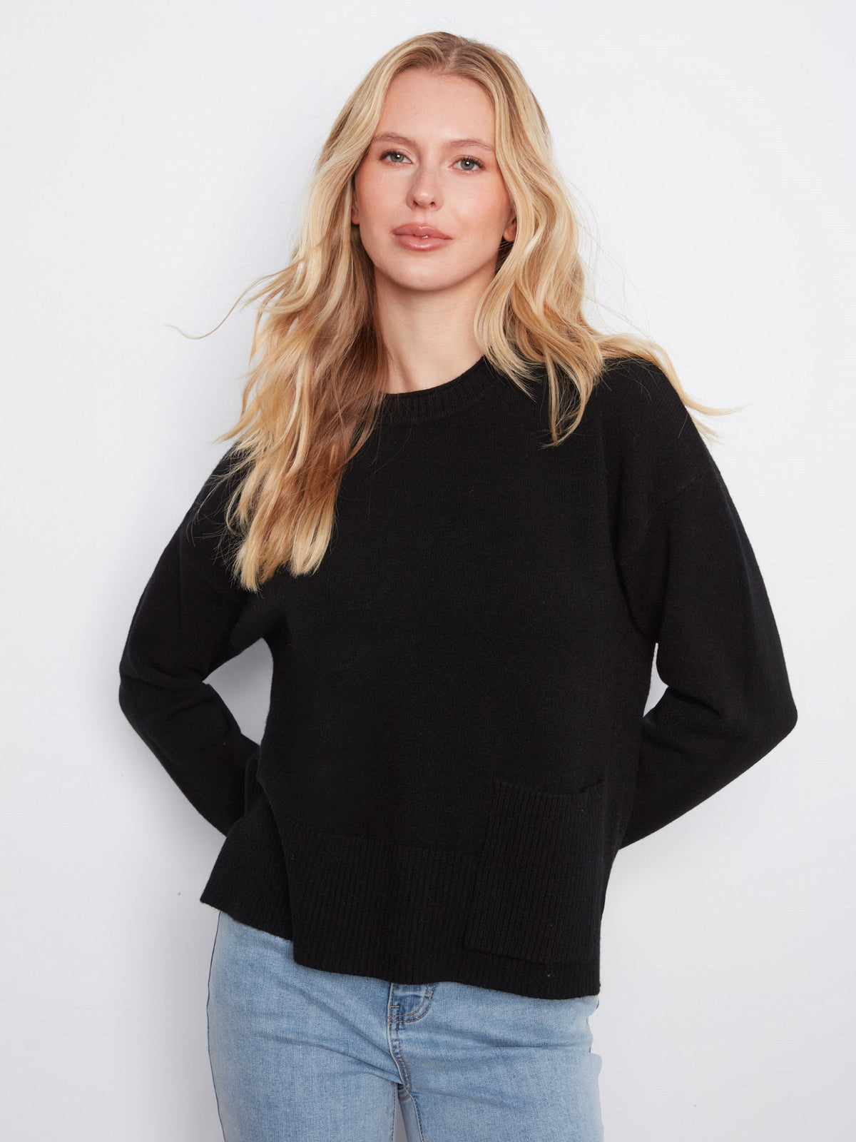 Patch Pocket Crew Neck Sweater - Black