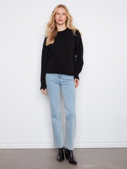 Patch Pocket Crew Neck Sweater - Black