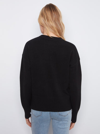 Patch Pocket Crew Neck Sweater - Black