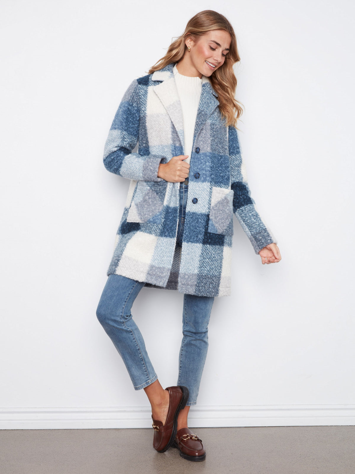 Plaid Bouclé Knit Coat - Storm