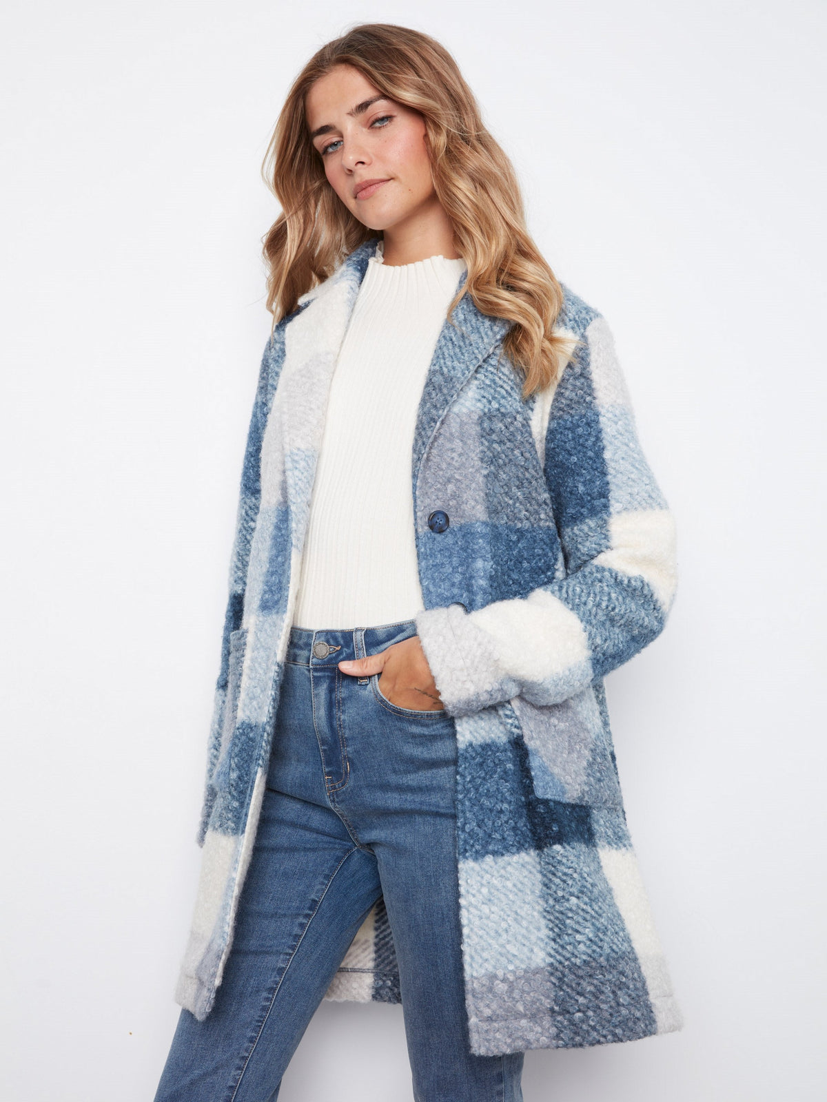 Plaid Bouclé Knit Coat - Storm