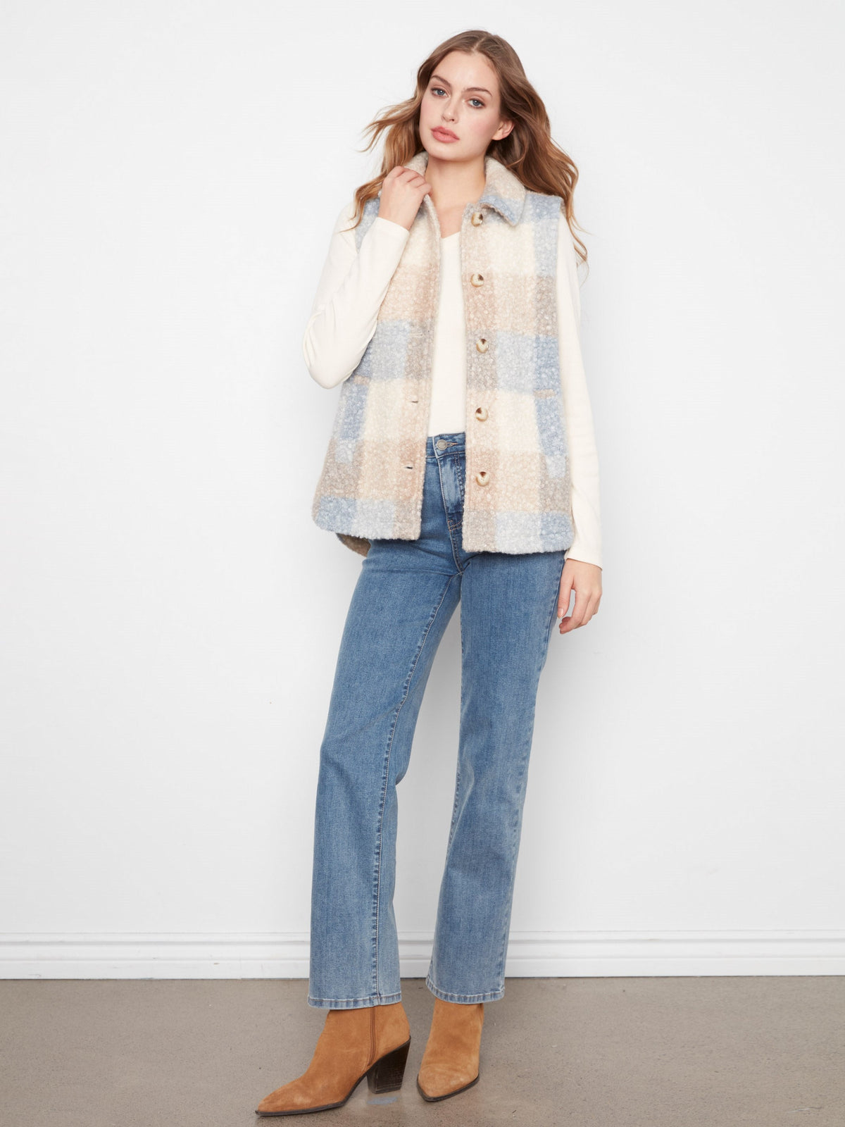 Plaid Bouclé Knit Vest - Celestial
