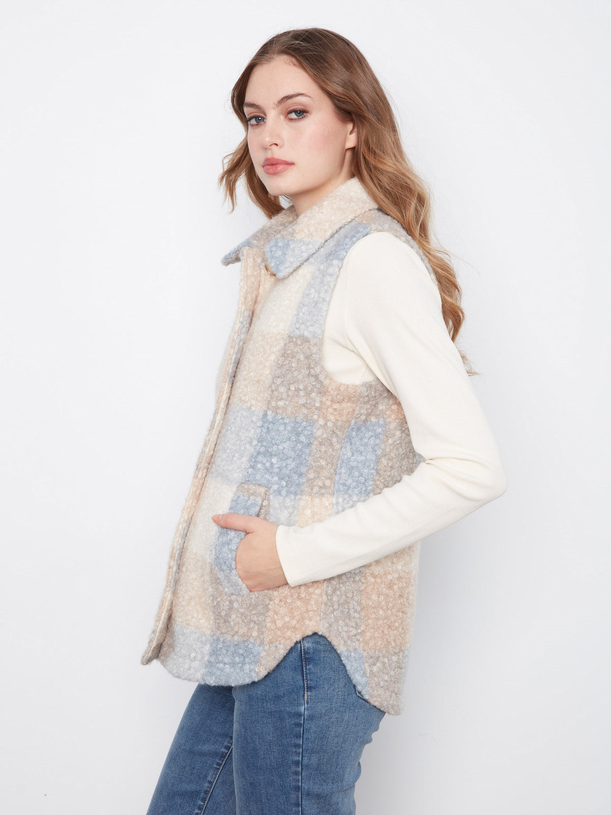 Plaid Bouclé Knit Vest - Celestial