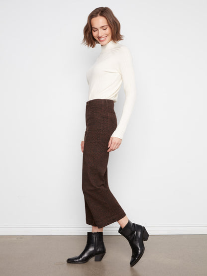 Printed Cropped Wide Leg Stretch Twill Pants - Leopard