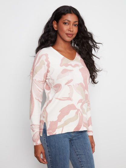 Printed Plush Knit V-Neck Sweater - Petaline