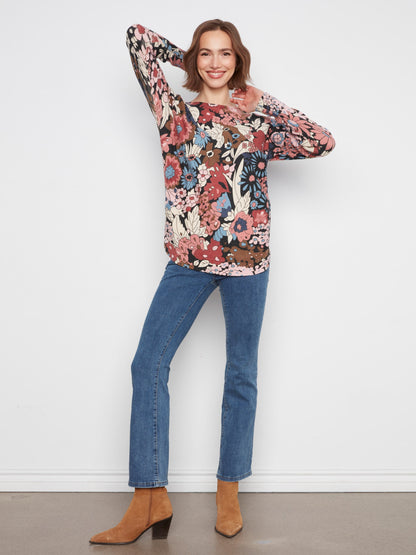 Printed Rounded Hem Sweater - Azalea