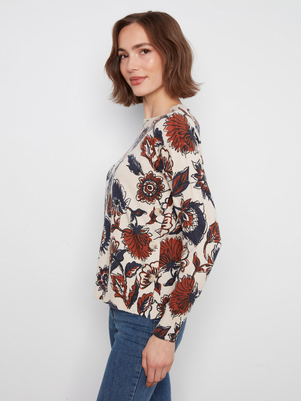 Printed Sweater With Side Buttons - Fantasy